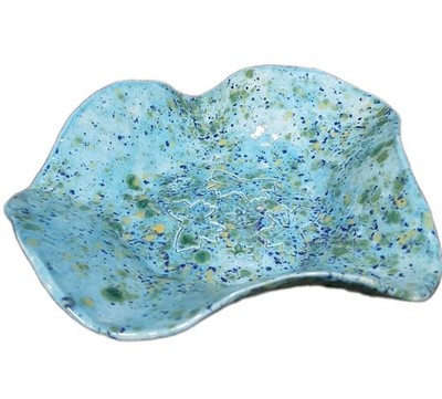 Handmade Studio Art Pottery Tray Curved Speckled Teal Signed DW 8''