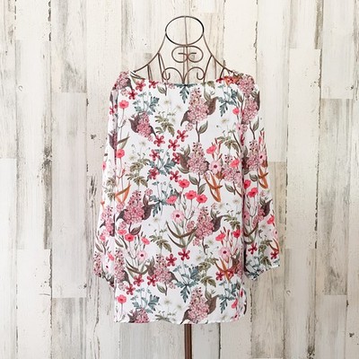 Sweet Pea Boho Floral Back Bow Blouse Pink/White M Beach Resort Spring Top