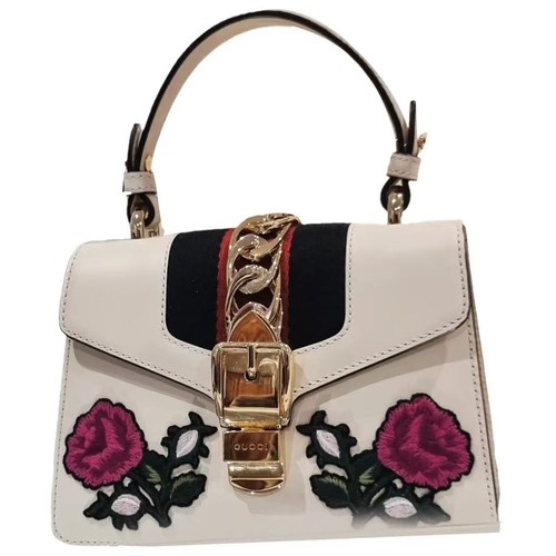 Gucci Sylvie White Calfskin Floral Top Handle Shoulder Bag AUTH