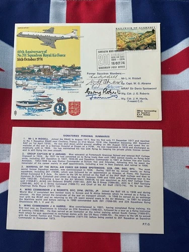RAF FDC 60th Anniversary of 201 sqn Signed by 4 WW1 WW2 aircrew plus CO Nimrod