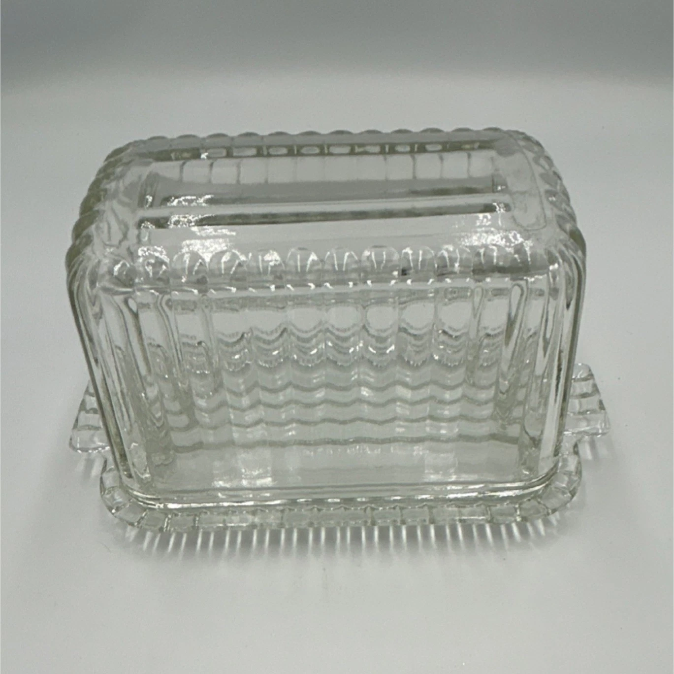 Clear Glass Rectangular Covered Butter Dish with Lid Geometric Ribbed Design