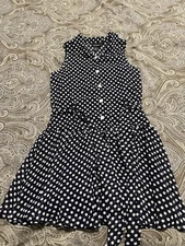 Amy's Closet Girl's Navy With White Dot Dress 100% Cotton Sleeveless Size 16