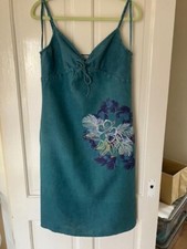 Ladies Fat Face 100% Linen Vintage Summer Dress Size 12 Blue With Tropical Print