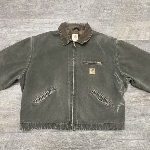 VTG Carhartt Detroit Jacket J97 MOS Green Blanket Lined USA Distressed Size 2XL - Afbeelding 1 van 20