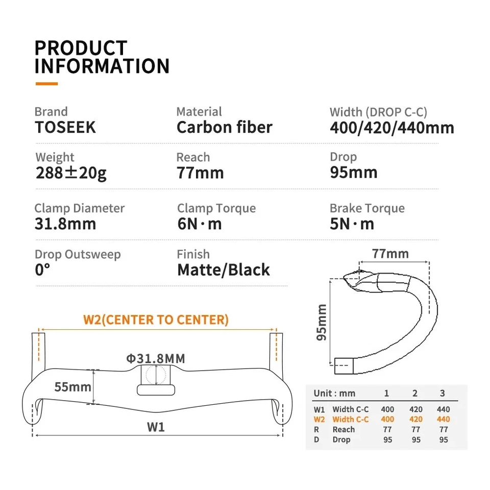 Road Bike Full Carbon Handlebar Ultralight UD Matte Bend Bar 31.8x400/420/440mm - Image 2 of 4