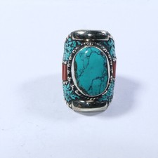 Genunine Coral Turquoise stone Tibetan Multistone bohemian Unique ring Size 10