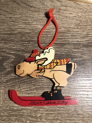 Vintage Ornament Skiing Moose Salt Lake City 2000 Wood Ornament Peggy Kupper G4