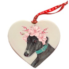 Greyhound Porcelain Floral Heart Ornament Double-sided
