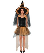 Adult Women s Black Orange Witch Costume with Skirt and Hat, HC-1885