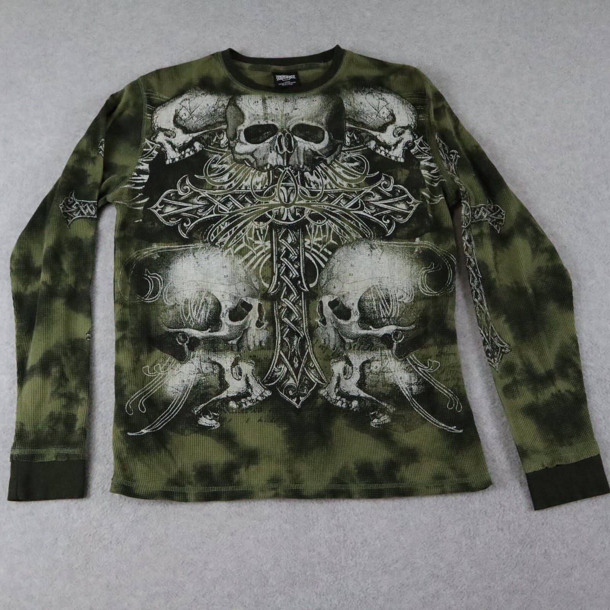 MMA ELITE Affliction 長袖Tシャツ サーマル袖 サイズXL MMA Elite Mens Large L Long Sleeve Skulls Tribal Print Shirt