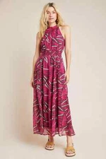 NWT Anthropologie Maeve Kelli Halter Maxi in Pink Combo Sleeveless Dress XS