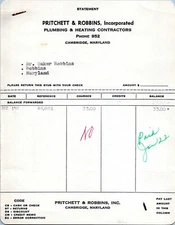 Cambridge Maryland Vintage Billhead Receipt Pritchett Robbins Plumbing & Heating