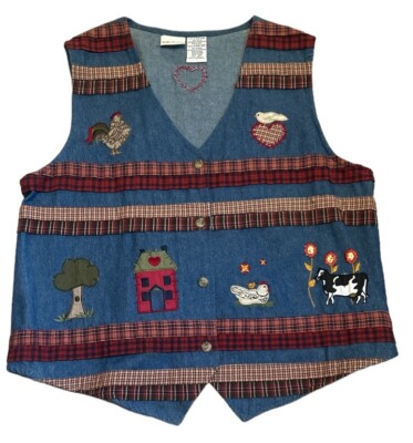 VTG BOBBIE BROOKS Vest Women s Sz L Animal PATCHWORK country Denim Cotton