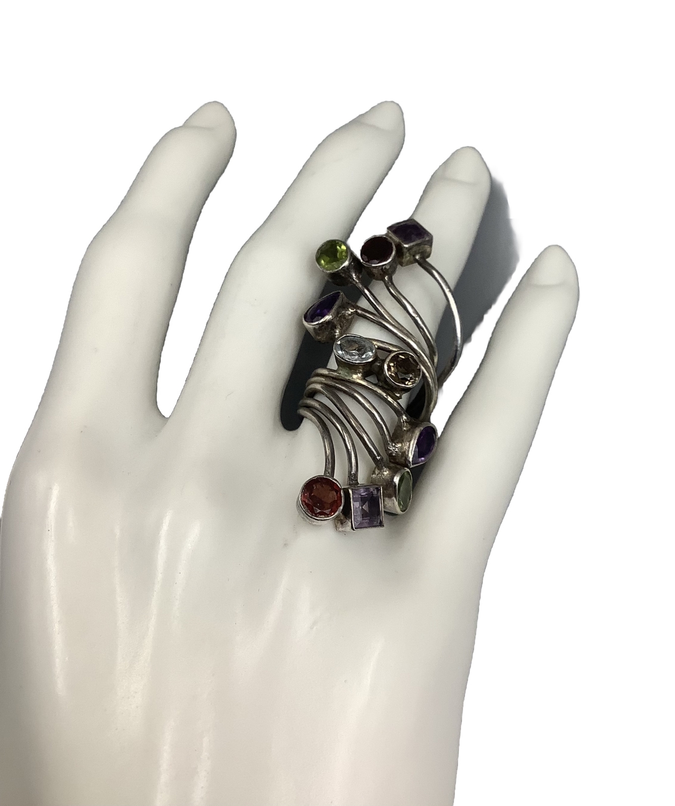 Multi Color Stone Abstract Sterling Silver Statement Ring Size 7
