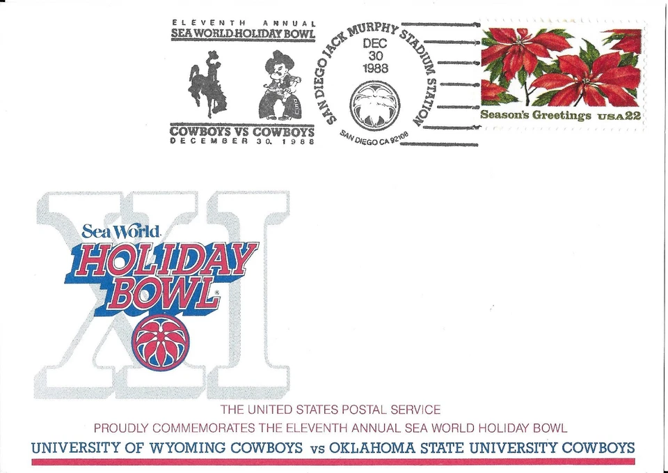 Tarjeta postal del juego Holiday Bowl 1988 Barry Sanders Jugador Más Valioso Oklahoma State OSU vs Wyoming Foto 2 de 4