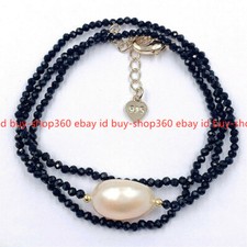 Faceted 3mm Black Spinel Round Gems Beads White Pearl Pendant Necklace 18inch