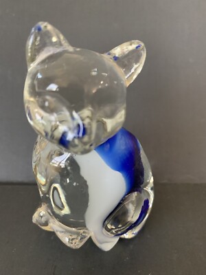 Vintage Art Glass Cat Kitten Kity w/Blue & White Swirl Paperweight Retro Decor