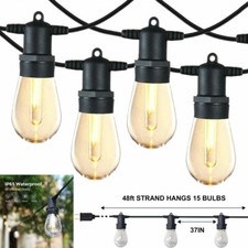 Outdoor String Lights 48FT Commercial Grade Patio Garden 15 Shatterproof Bulbs