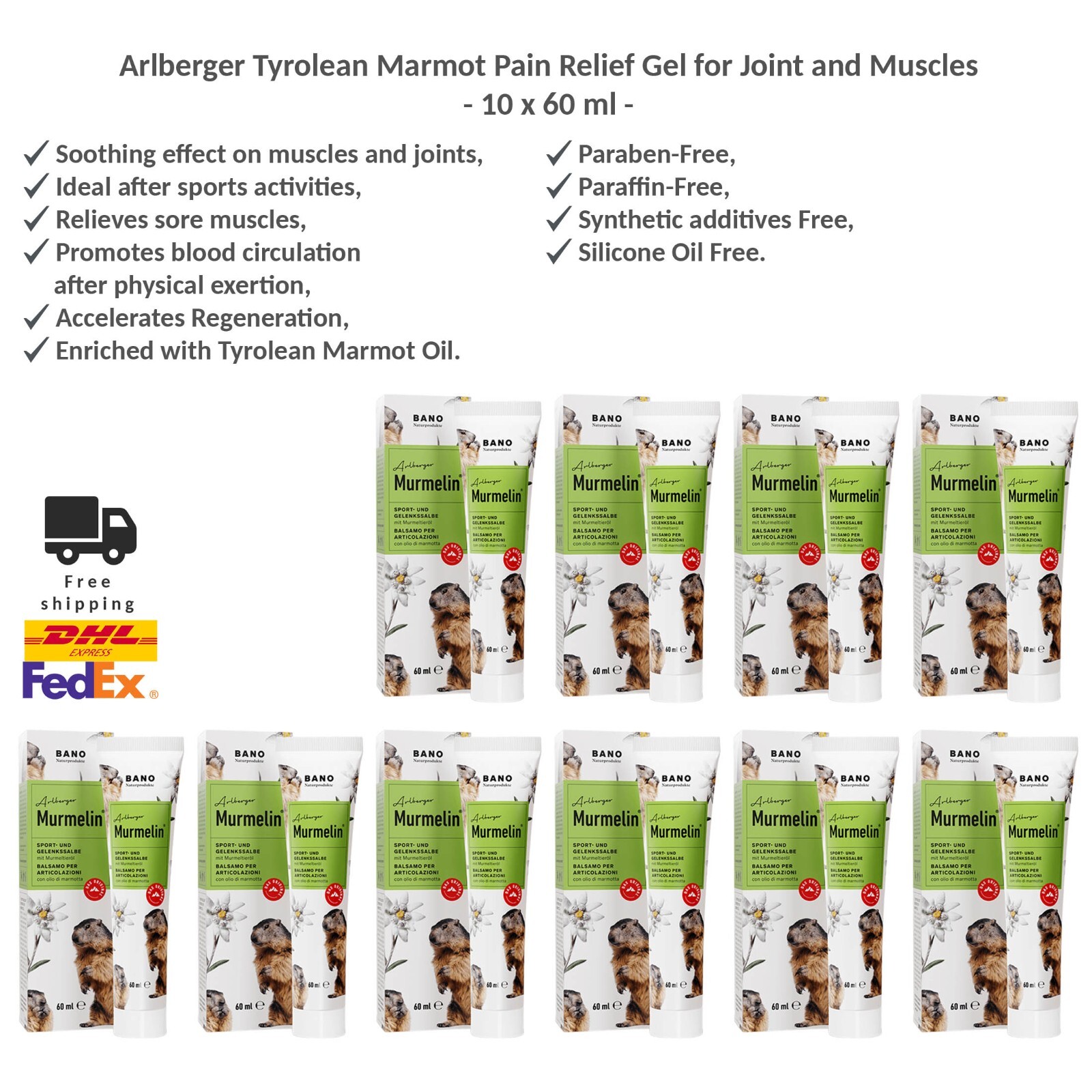 Bano Arlberger Sportgel mit Murmeltieröl für Gelenk- und Muskelschmerzen 10x60ml