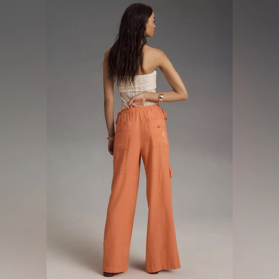 Anthropologie Pilcro Embroidered Beach Linen Cargo Pants Orange Womens Size M - Image 3 of 4