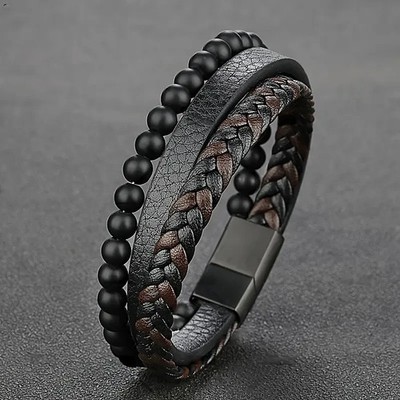 Armband Onyx Matt 5mm 21 cm lang Bad Boy Edelstahl Textilleder 20mm breit