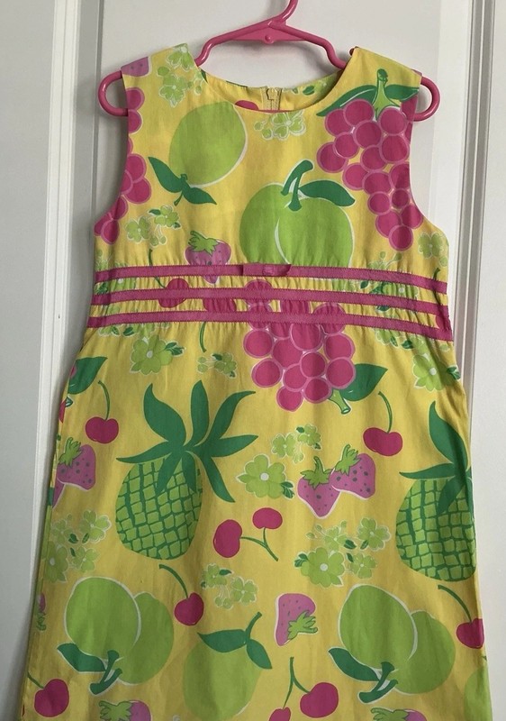 LILLY PULITZER-7-Girl’s Shift Dress-A-Line-Green, Pink On Yellow-Fruit Pattern 