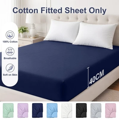 100% Cotton Fitted Sheet Deep Pocket Up To 40CM Luxury Soft King/Queen/Double/S - image 1 of 4