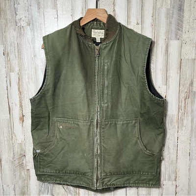 #ad #ad Vintage 90s Cabela#x27;s Olive Green Distressed Thrashed Canvas Zip Vest Mens L Tall $30.00
