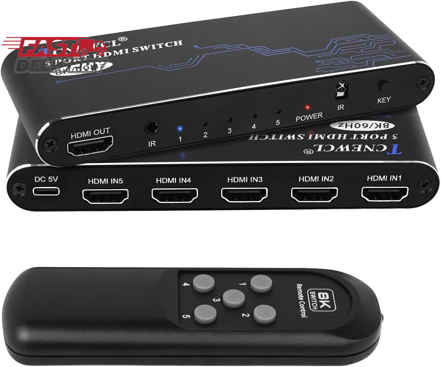 8K HDMI Switch 5 in 1 Out, HDMI Hub 8K@60Hz 4K@120Hz, HDMI 2