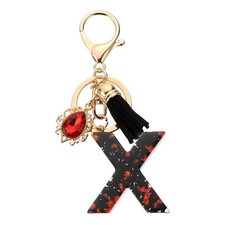 Initial Letter x Keychains, Resin Alphabet Key Ring with Tassel, Black/Red