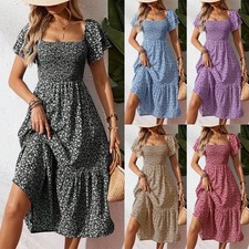 Women's Ruffles Short Sleeve Summer Boho Floral Holiday Stretch Long Swing Dress