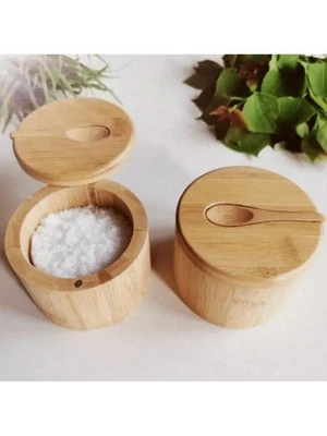 1pc Bamboo Salt Cellar with Magnetic Swivel Lid – 6oz Wooden Seasoning Box Jar - Image 1 of 4