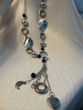 Silver Tone Beaded Chain Necklace with Heart ...