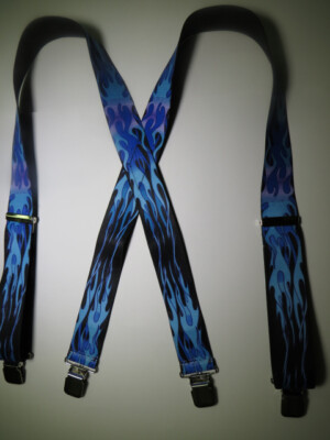 Men's X Style Suspenders with Blue Flames Clips and Trigger Snaps, USA Made