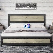 Queen Size Bed Frame Headboard .Industrial Platform Bed Frame w/Charging Station