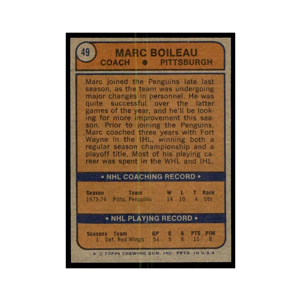 Marc Boileau 1974 Topps #49 Hockey Cards Hockey Card EX - Image 2 of 3