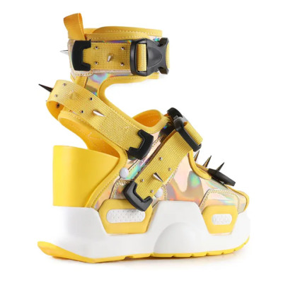 Anthony Wang Punk Spiked Gold Holo Graphic Women's Platform Sandals
