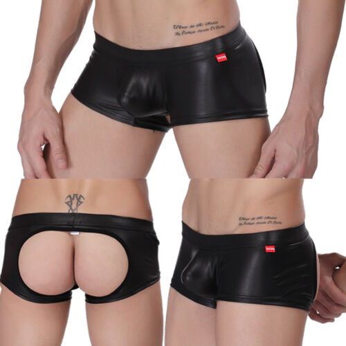 Sous-vêtements sexy pour hommes dos ouvert faux cuir look humide boxer slips jockstrap short - Photo 1 sur 10