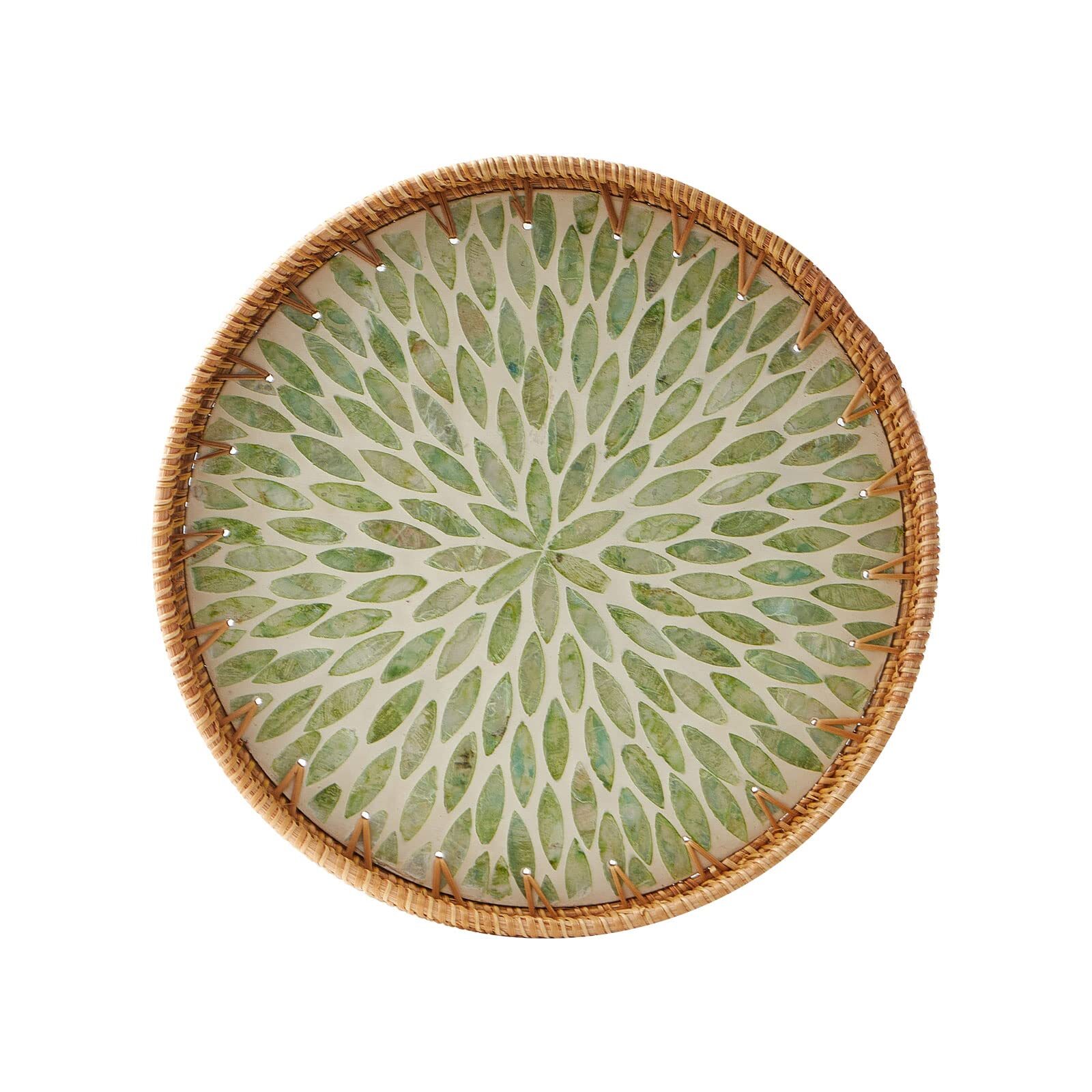 Round Rattan Tray with Mother of Pearl Inlay and Wooden Base for Serving