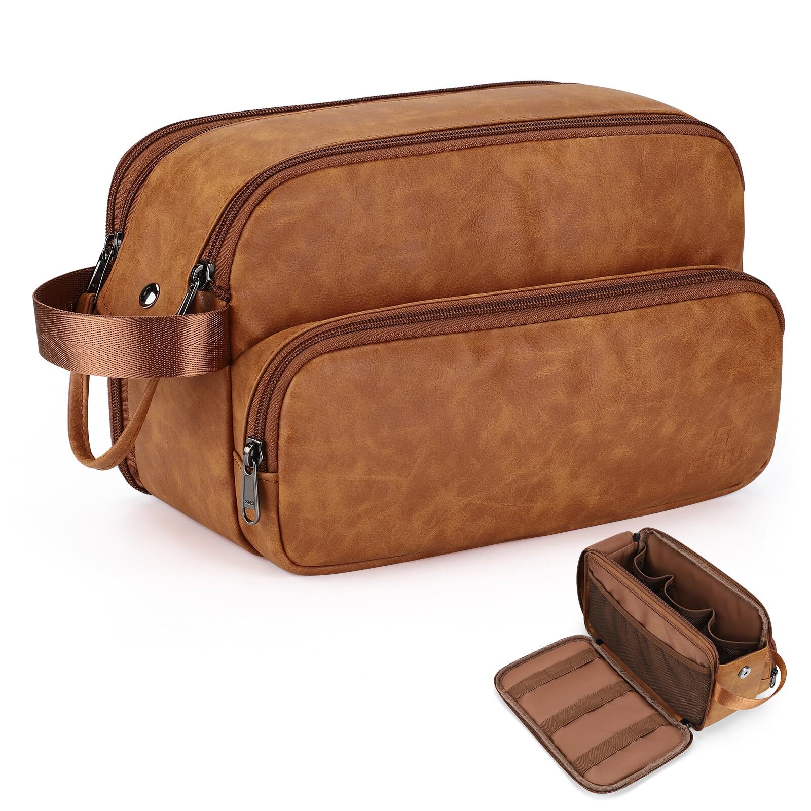 Toiletry Bag for Men PU Leather Dopp Kit Travel Toiletries Organizer Brown-image