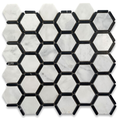 C321XH Carrara White Marble Hexagon Nero Marquina Strips Mosaic Tile Honed