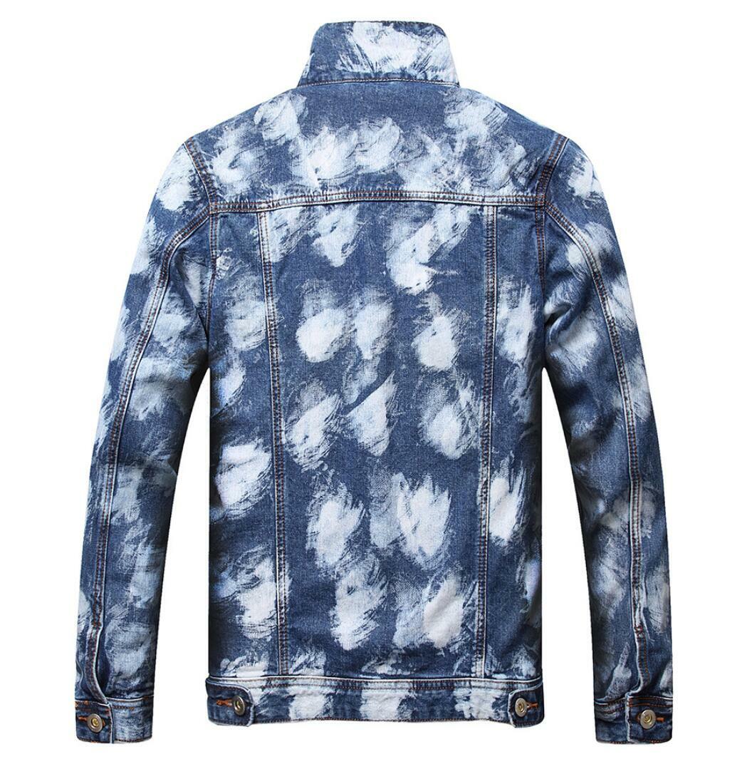 Men's Light Blue Ripped Printed Denim Jeans White Jacket