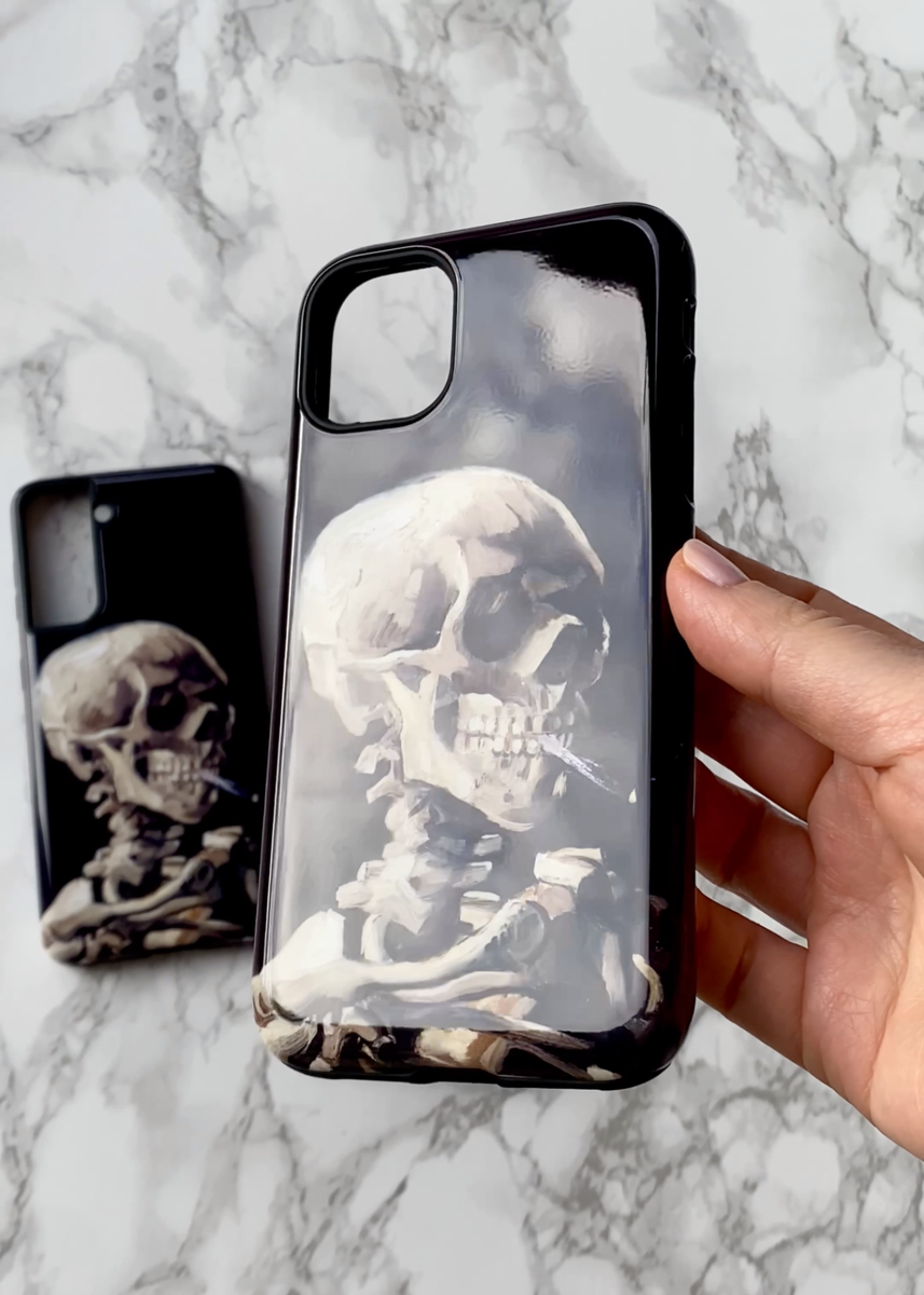 skeleton smoking cigarette phone case Art case, Skull with Burning by Vincent Van Gogh, Painting phone case, design for iPhone 15 14 13 12 11 X SE Vincent Van Gogh Skeleton Cigarette