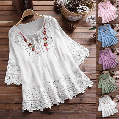Damen Retro Spitze Bluse Tunika 3/4 Ärmel Shirt Lose T-Shirt Oberteile Übergröße