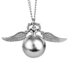 Silver Pocket Watch Round Shape with Wings Quartz Movement Arabic Number Chain