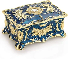 BLUE METAL RECTANGLE JEWELRY WIND UP MUSIC BOX ( MORE THAN 60 SONGS CHOICES )