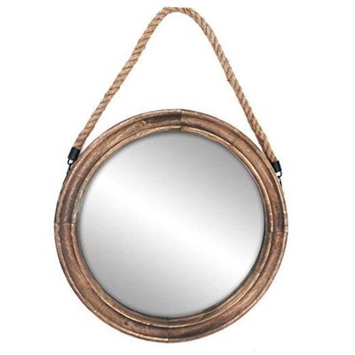  16.2 Inch Rustic Round Decorative Mirror with Solid Wood Frame&Rope 