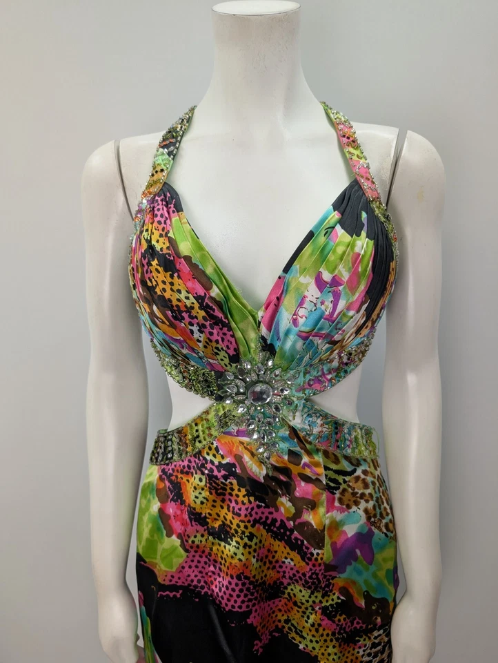 Vestido de graduación Y2K talla 4 multicolor satinado recortado sexy pedrería nupcial de David Foto 3 de 4