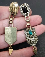 CLIP ON vintage brass bronze BIG RETRO EARRINGS green rhinestone+crystal REVIVAL