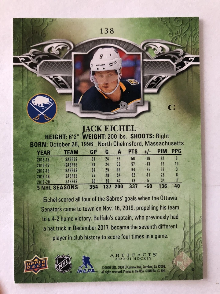 20-21 Upper Deck Artifacts orange parallel Jack Eichel Sabers 8/75 - Image 2 of 2
